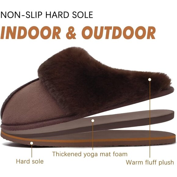 ⚡Women Dark Brown Suede Fluff Dual Memory Foam Arch Support Warm Scuff Slipper - Picture 5 of 6